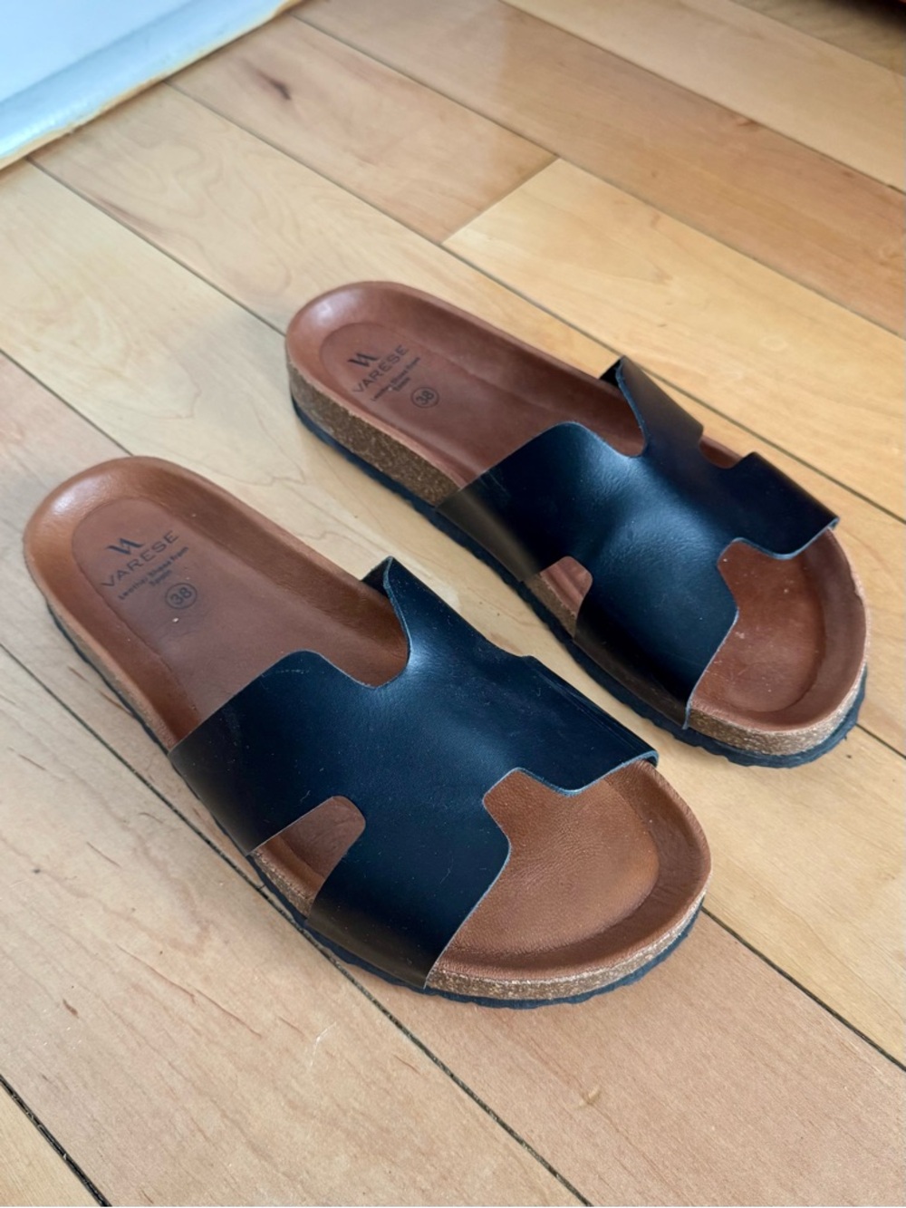 Black Leather Slide Sandals